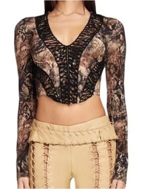 I.AM.GIA Brown and Black Snake Print Lace-Up Long Sleeve Top
